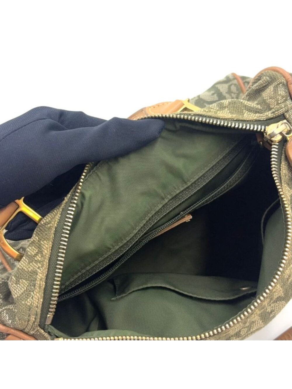 Dior Trotter Mini Leather Canvas Khaki Green Light Brown Boston Bag Gold - Picture 13 of 15